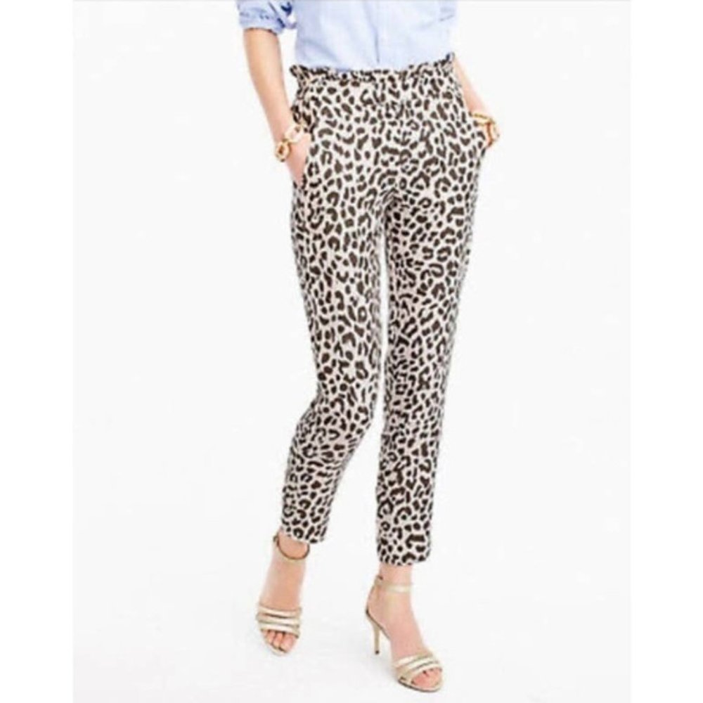 J.Crew Paperbag Linen Blend Ankle Pants Cheetah Leopard Women's 00 Ruffle Waist